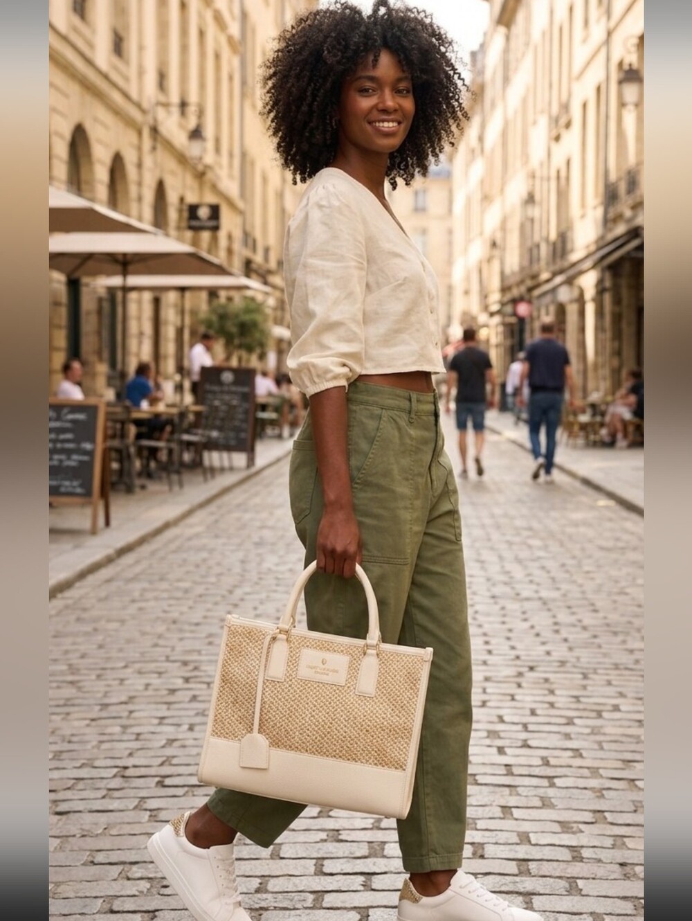 Kurt Geiger Cream and Gold Straw Tote Bag Size: 9.75" x 8" x 4.75"
